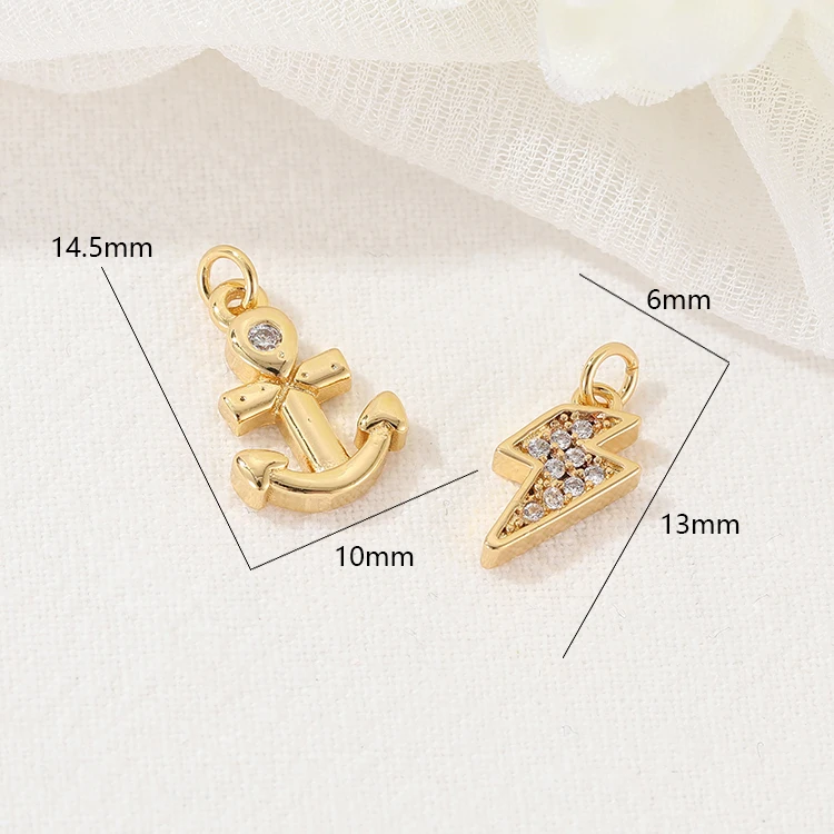 High Quality Inlaid CZ 14K Gold Plated Anchor Lightning Shape Small Gold Necklace Charms