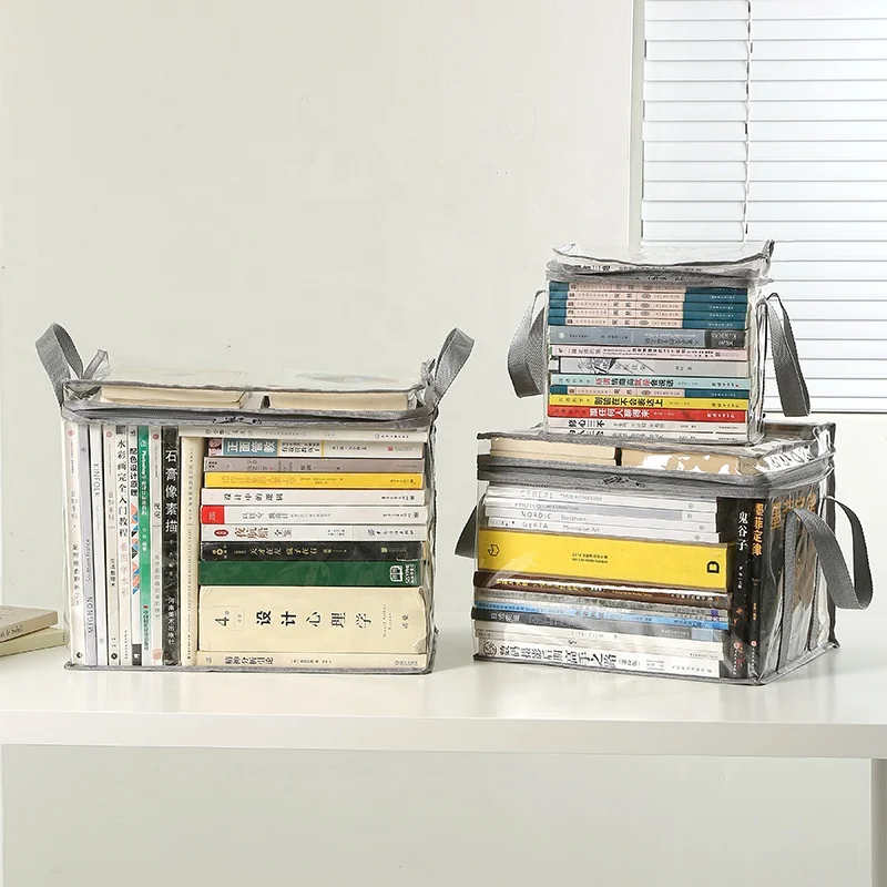 Handle Design Portable Book Storage Bag Dust Cover Custom Logo Storage Bag Organizer for Toys Transparent Cube Bin with Zipper
