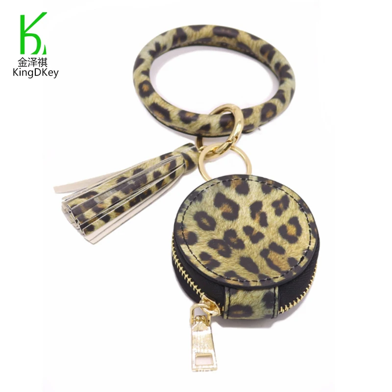 Creative Portable Cosmetic Bag Leopard Printed Keychain clasp Leather Mirror Makeup Case Keytag Leather Charm Bracelet Keyring