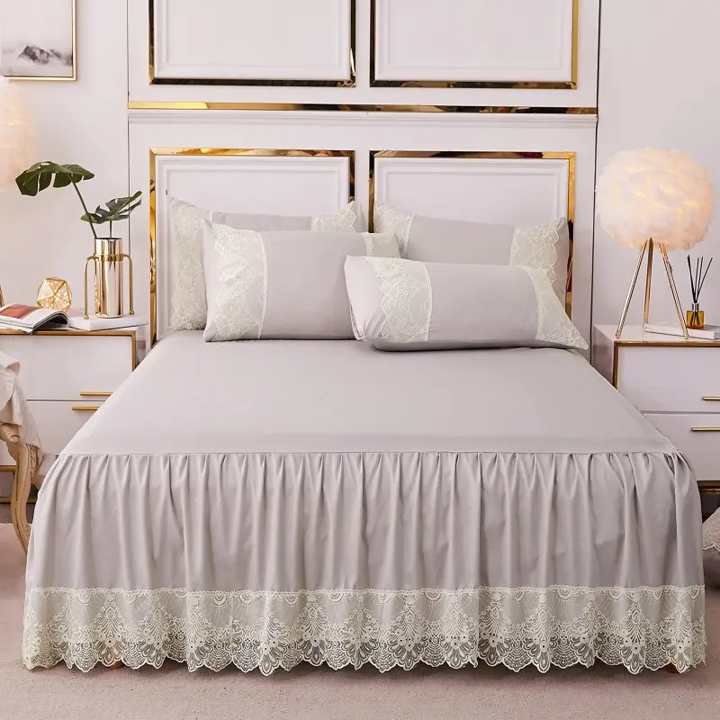wholesale hotel wedding 100%Cotton luxury modern solid color Lace bed cover fitted skirt sheets 3pcs Bedding Bedspread sets
