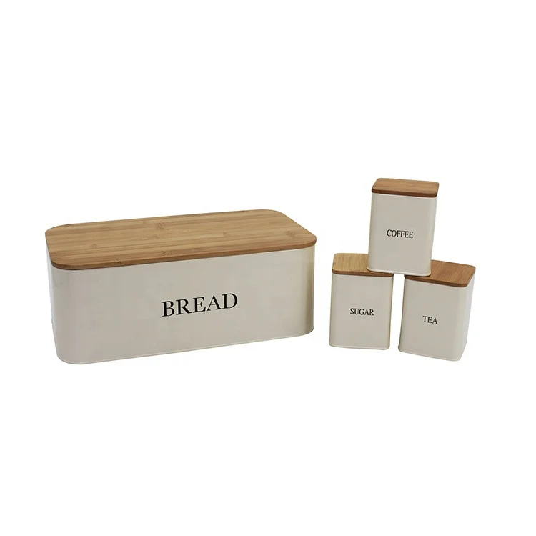 Metal Iron Bread Box and 3-Piece Sugar Tea Coffee Containers Sets Storage Bread Bin Canister Set for Kitchen