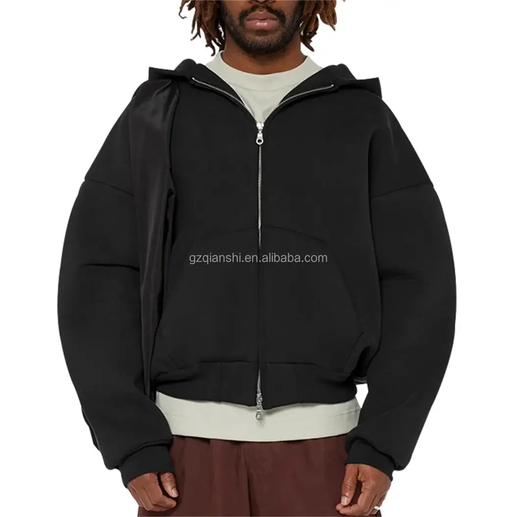 600 500 gsm zipup essentials hoodies 100% Cotton Heavyweight black double zip Hoodie Oversized Custom boxy Cropped Zip Up Hoodie