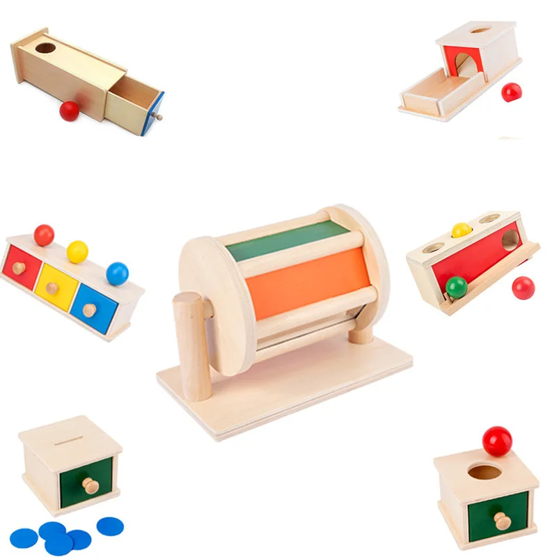 Kindergarten Montessori Wooden Toys Winder Object Permanence Box Coin Box Drawer Game Textile Drum Teaching Aids Sensory Toys