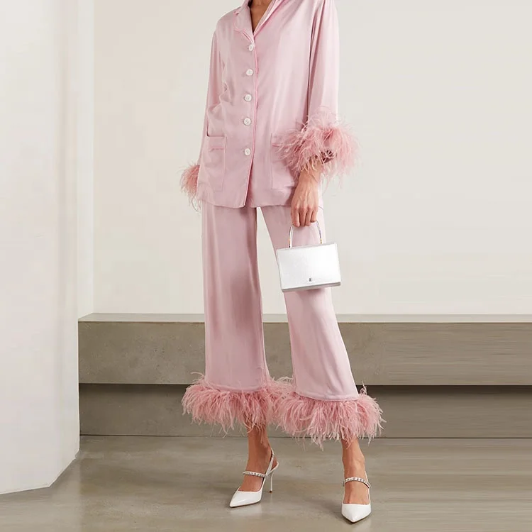 High quality fashion design custom ostrich feather pajamas sets pink feathers pyjama set for women