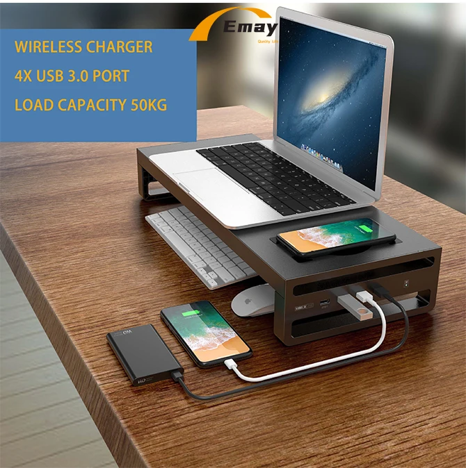 Многофункциональная алюминиевая подставка для монитора с USB-3 0 портом и беспроводным зарядным устройством органайзер компьютера мобильного телефона