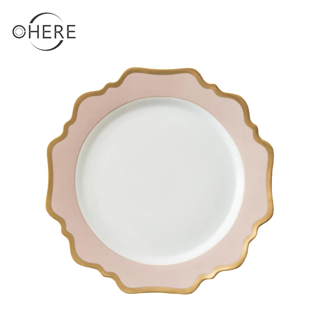 Ohere luxury ceramics tableware sets pink sunflower elegant modern porcelain dinner plate sets pink porcelain dinner plate sets