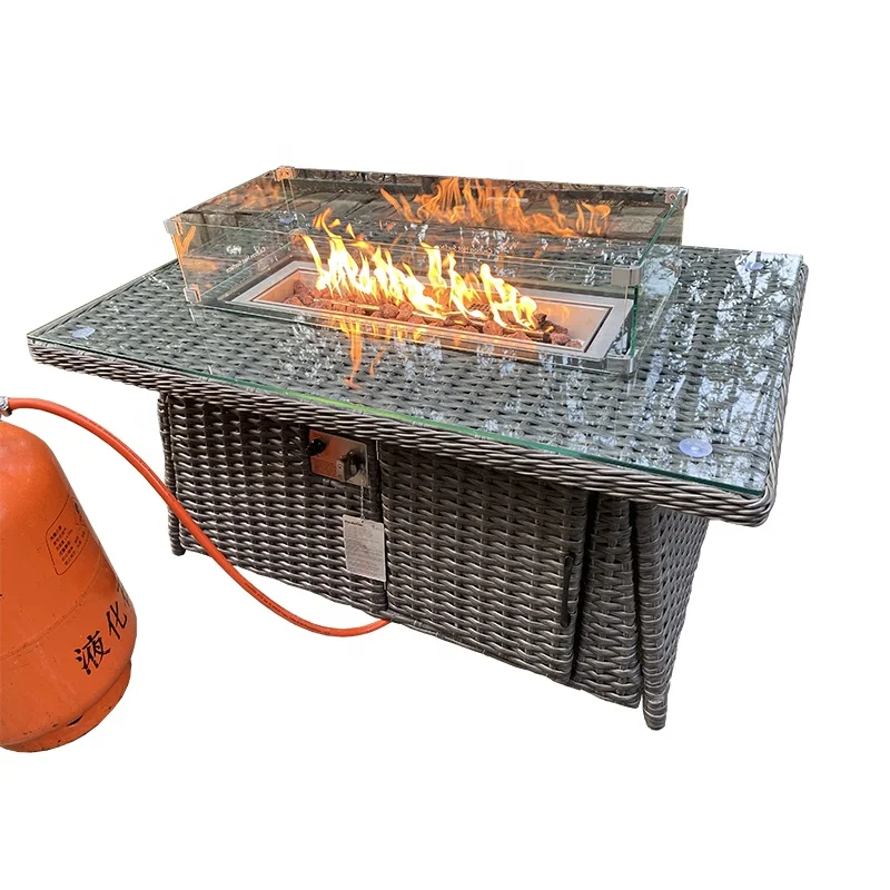 Luxury KD Patio Outdoor Garden Furniture Rattan Rectangular Fire Pit Dining Coffee Table 120*70cm With Glass Top