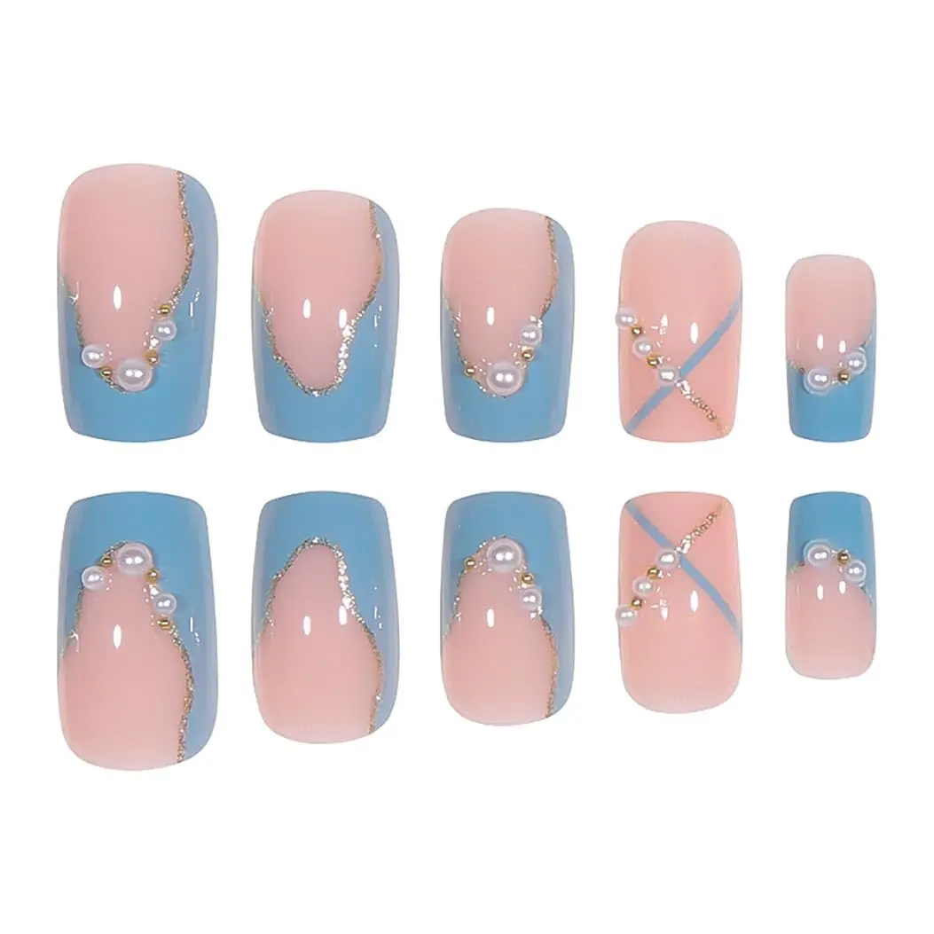 Medium Press on Square Nails French Tips with Pearls Blue Nails Glossy Full Cover Nails for Women
