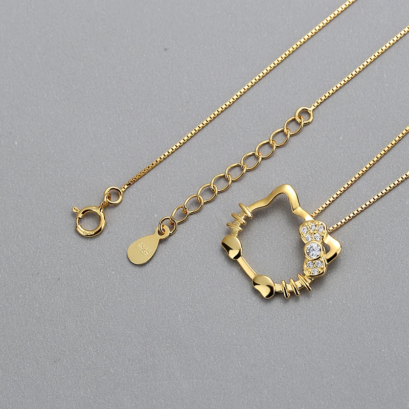 925 Sterling Silver Inlay Zircon Hello Kitty Pendant 18K Gold Plated Minimalist Trendy Korea Style Silver Necklace For Women