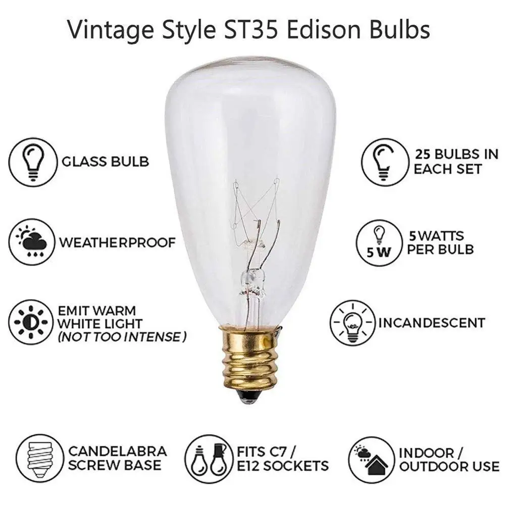 25ft 25 Clear ST35 bulbs Classic Patio Edison Garlands string light Black Brown cable Outdoor Christmas Wedding Party ornament