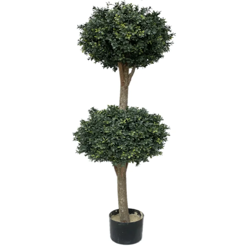 Artificial Buxus Boxwood Double Ball Topiary Bonsai Greenery Grass in wood truck with black plastic pot For Home Garden Decor