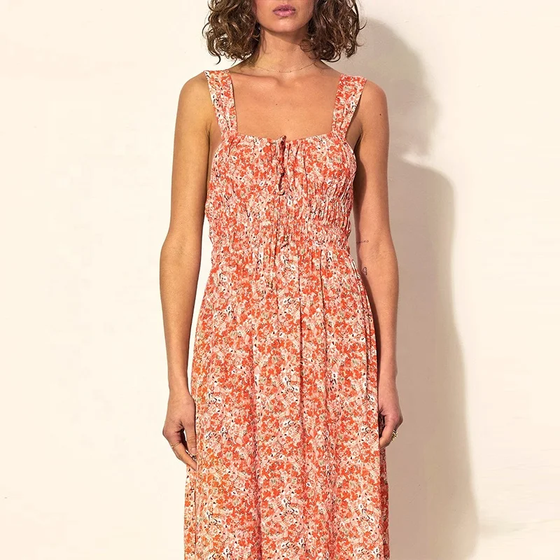 2023 Grace summer new temperament elegant v-neck suspender elastic waist beach print dress vacation wear midi linen dresses