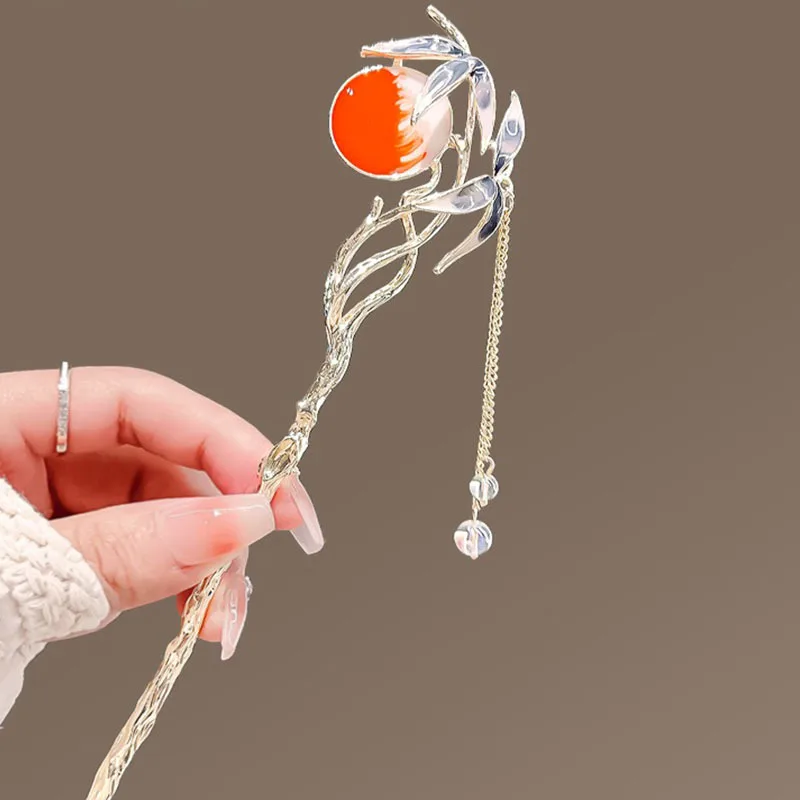 Sunset Crane Tassel Metal Hair Sticks Ancient Style Hairpin Chinese Hanfu Accessories Step Shake Pan Hair Chopsticks for Women