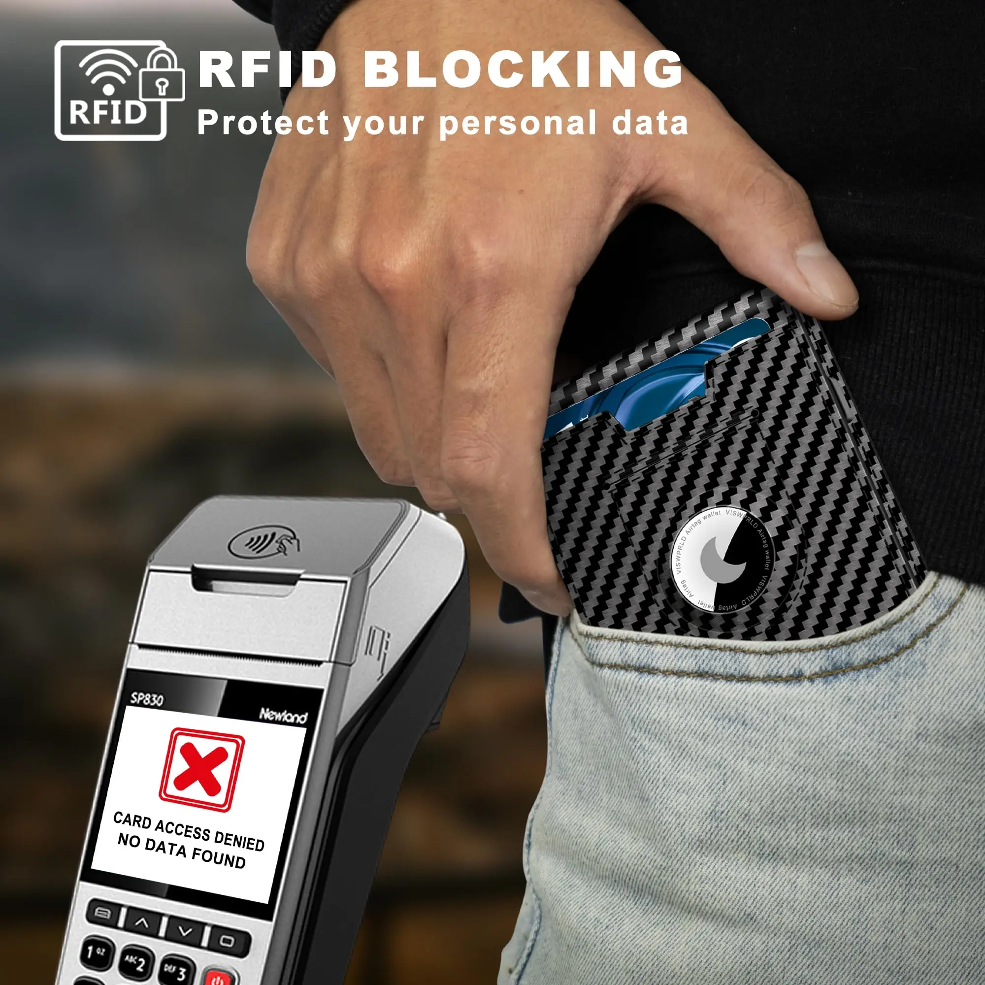 Carbon Fiber Leather Magnetic Close Wallet With Air Tag Holder RFID Blocking Business Pop Up Credit Card Holder Wallet