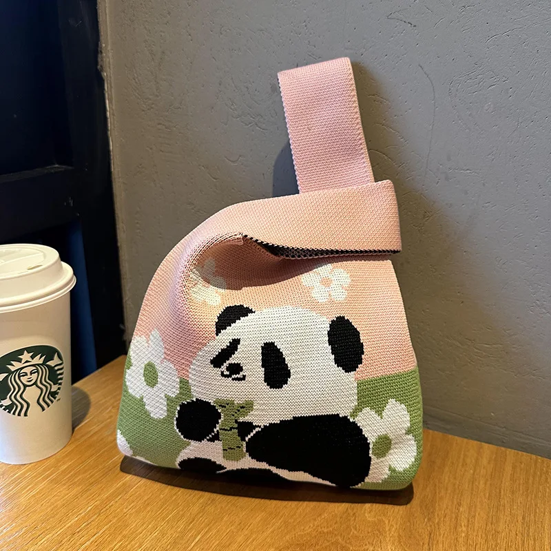 Promotional cheap gift custom small knit bag different cute pattern knitted wrist handbag knit tote woven knot bag