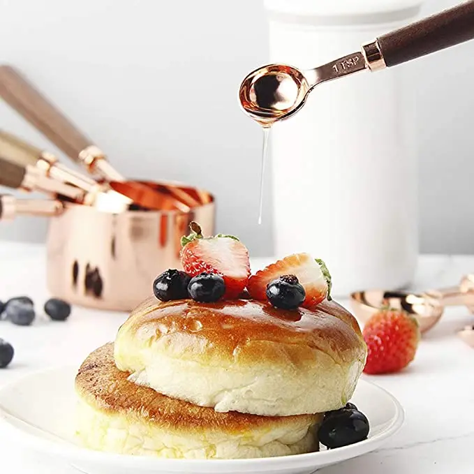 4 pieces wooden handle Coffee stainless steel copper plated measuring spoons With Wooden Handle