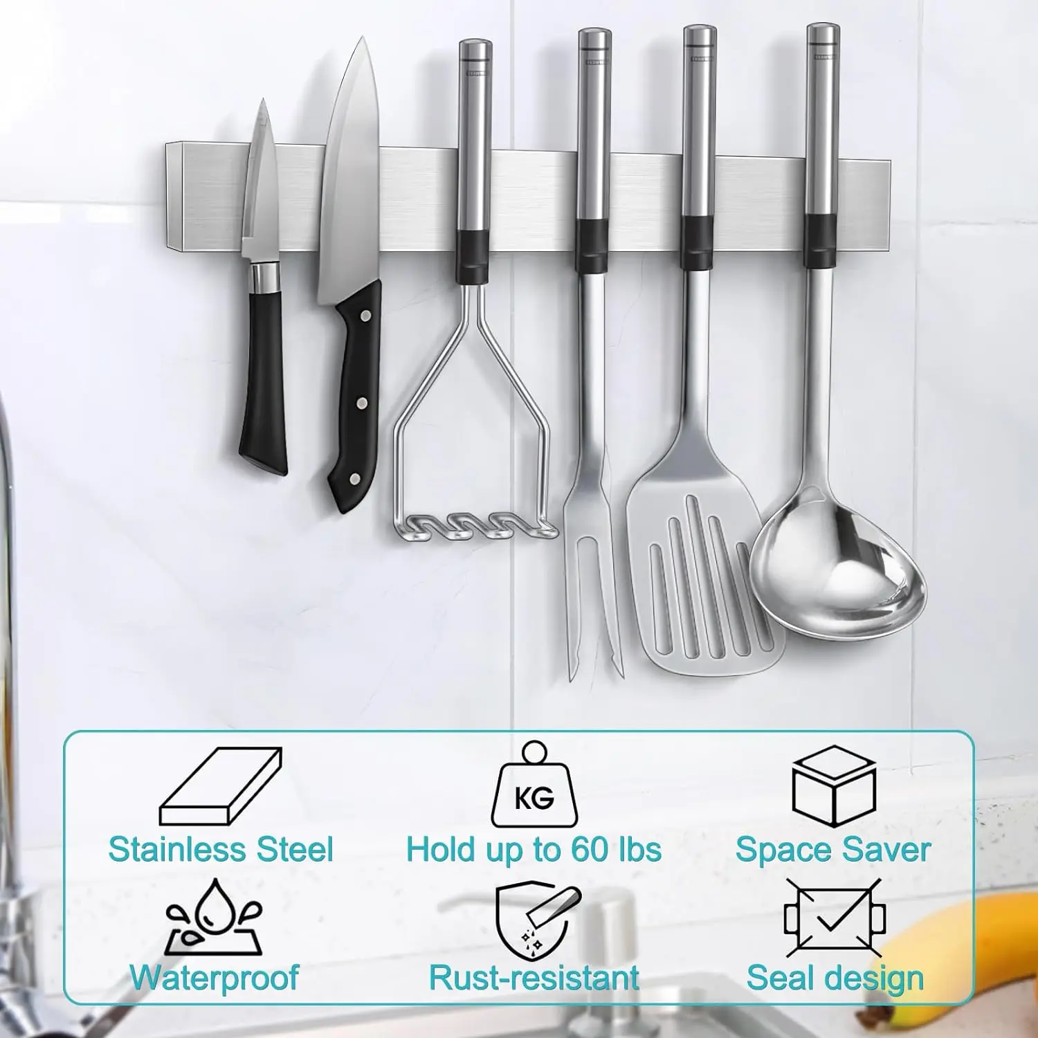 14 /16 Inch Key Metal Tool Storage Magnet Bar Stainless Steel Magnetic Strip Holders Wall Magnetic Knife Holder 8'-24 inch