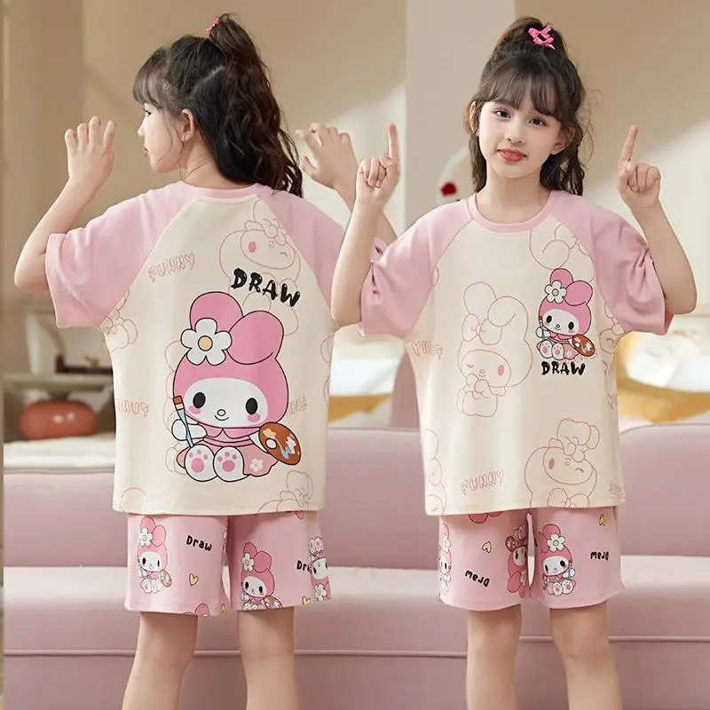 Cartoon Print Short Sleeve Kids Pajamas Set Girl Summer Thin Air Conditioning Pajamas Comfortable Home Wear