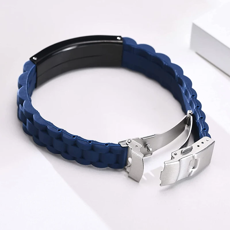 Custom Name Engraved Dad Wristband Fathers Day Jewelry Gift Men Blue Black Stainless Steel Silicone Leather Bracelet