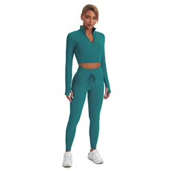 2022 Seamless Women Yoga Suit Sports Ribbed Long Sleeve Zip Front Shirt Scrunch Drawstring Legging Gym Tracksuit Workout Set