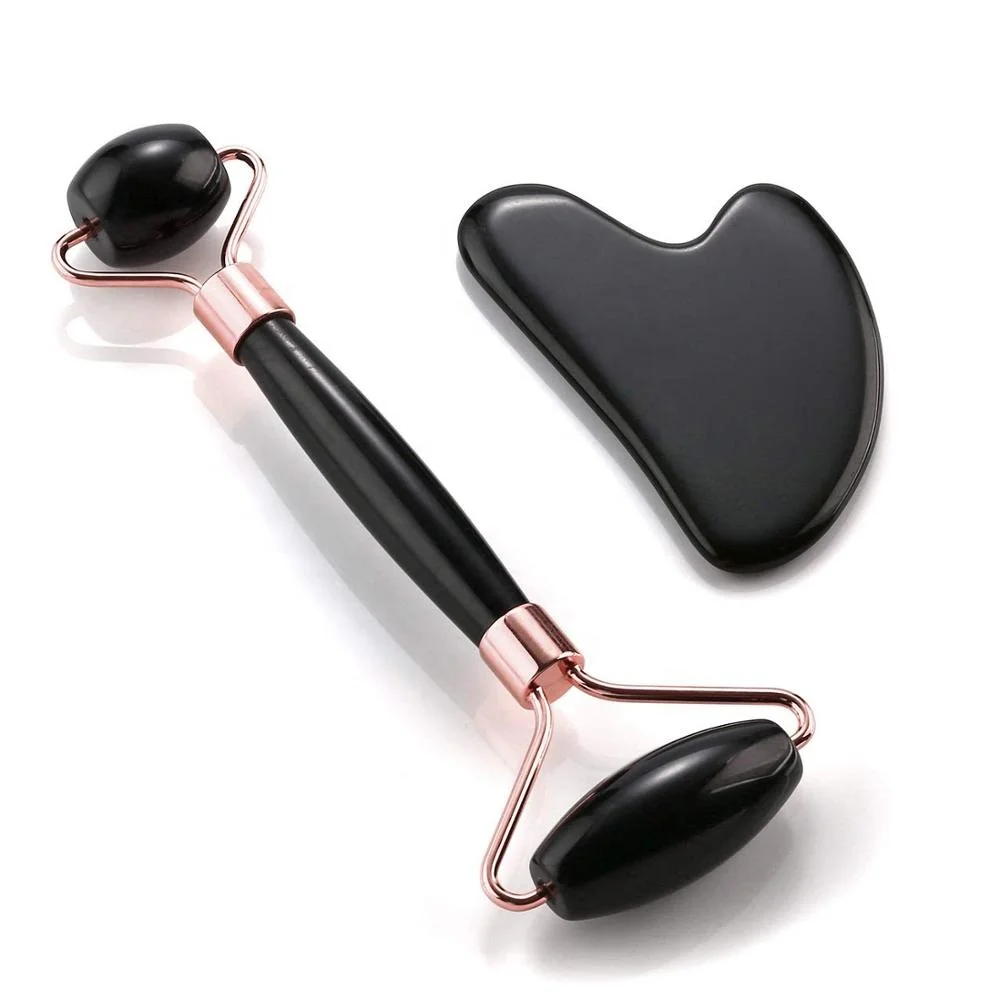 Hot sale Natural Black obsidian Crystal jade Stone  muscle massage roller for face  customize high quality