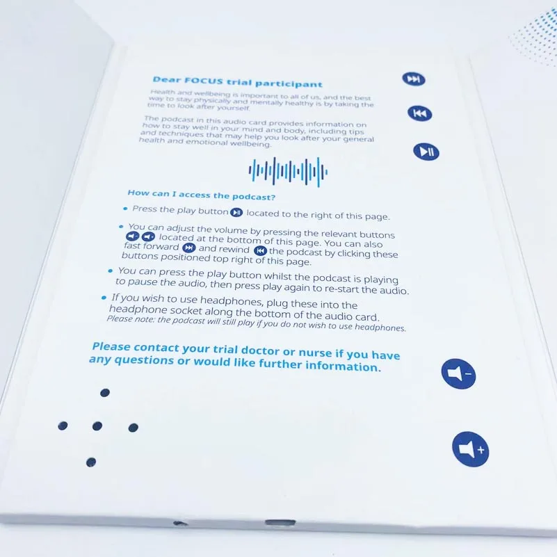 Pre-recorded Audio Book change audio file by USB port audio invitation card sound book with different chapter button