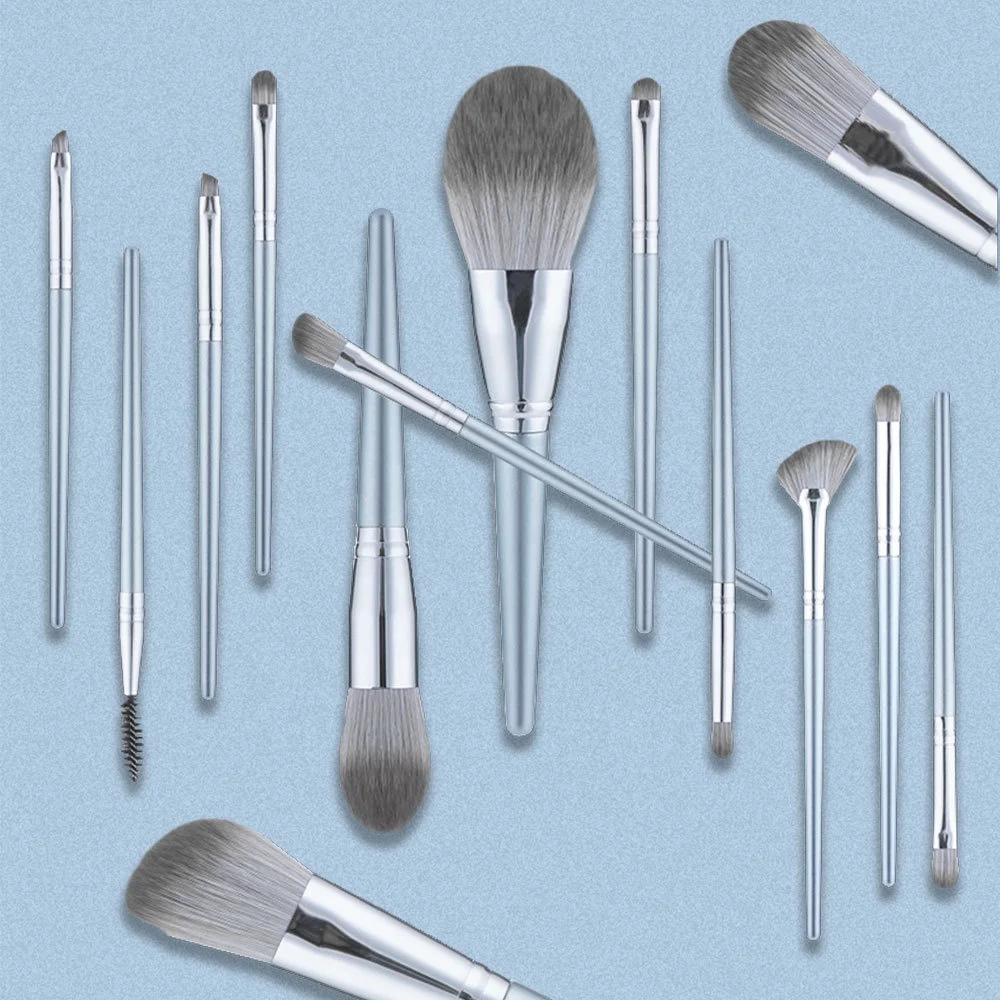Professional Makeup Brushes 14Pcs OEM Brand Silver Makeup Brush Set with pu bag