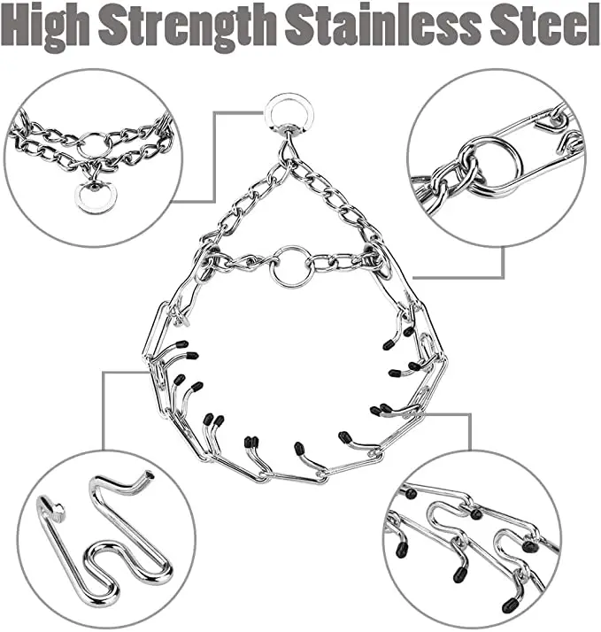 Metal Dog Training Prong Collar Removable Black Pet Link Chain Adjustable Stainless Steel Spike Necklace with Comfort Rubber Tip