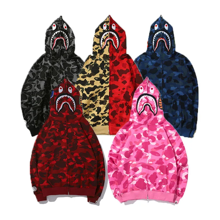 boys Tracksuit  bape camo hoodie Men Trendy sweatsuit zip up for kids bucket hat pullover shark black