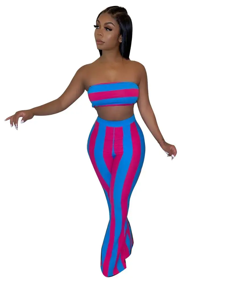 2022 New Arrival 2 Piece Set Women Off Shoulder Wrap Chest Flared Pants Patchwork Colorful Striped Suit For Women