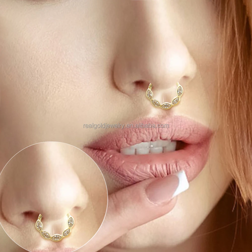 AU585 14k Solid Yellow Gold Body Jewelry Classic Unisex Cartilage Earrings Cute Zircon Fine Septum Nose Ring