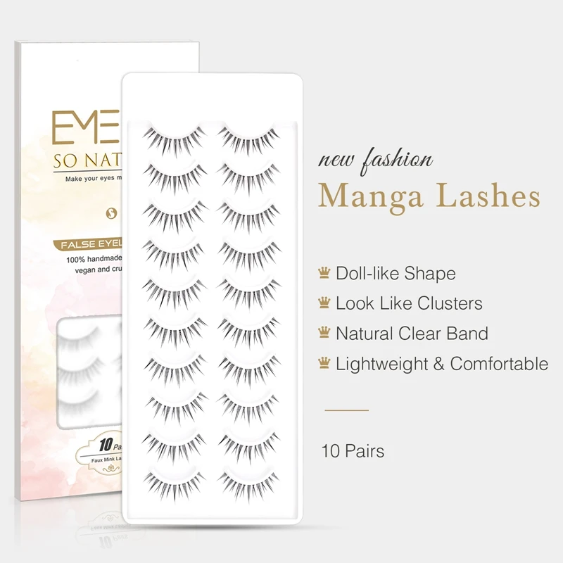 Wholesale 10 pairs Glue Eyelashes Private Label Cosplay Anime Manga Lashes Clear Band Natural Cluster Eyelashes