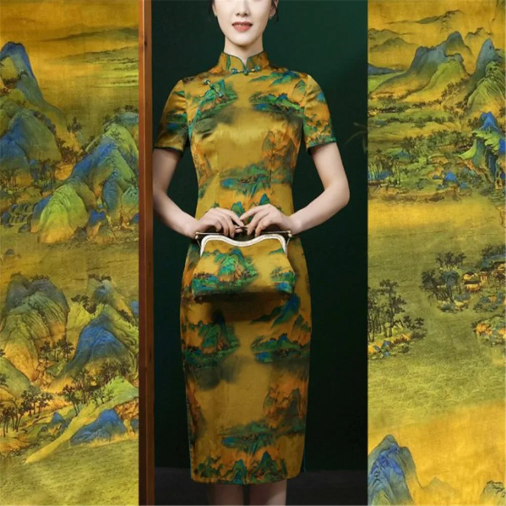 2024 Vintage Chinese Landscape Painting Printed Style Spandex Silk Stretch Satin Fabric for Lady Cheongsam