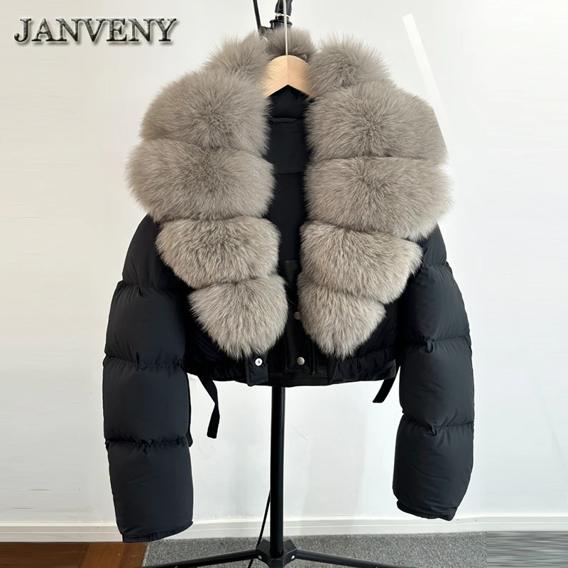 JANVENY 2024 New Winter Huge Natural Fox Fur Short Leather Down Splicing Coat Women 90% White Duck Down Jacket Waterproof Parka