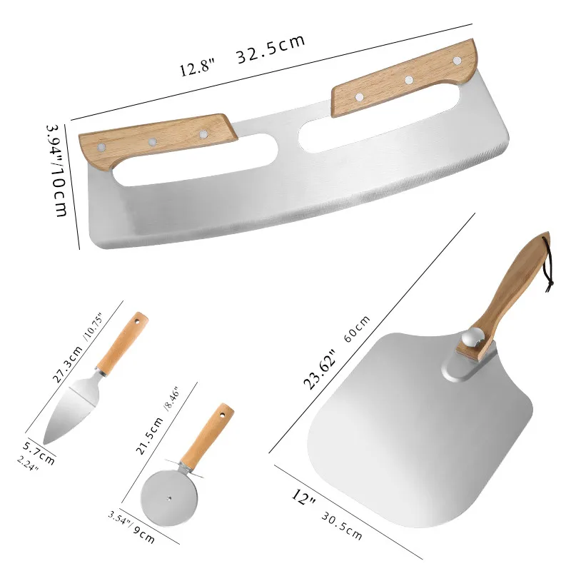 Manjia Stainless Steel Pizza Cutter Server Metal Pizza Turning Peel Set with Folding Wooden handle Accessories