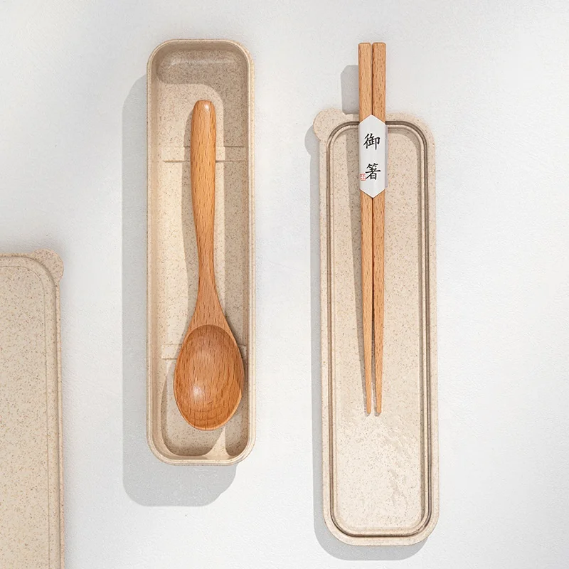 Chopsticks Spoon Travel Utensils Reusable Portable Wooden Cutlery set with Wheat Straw Case