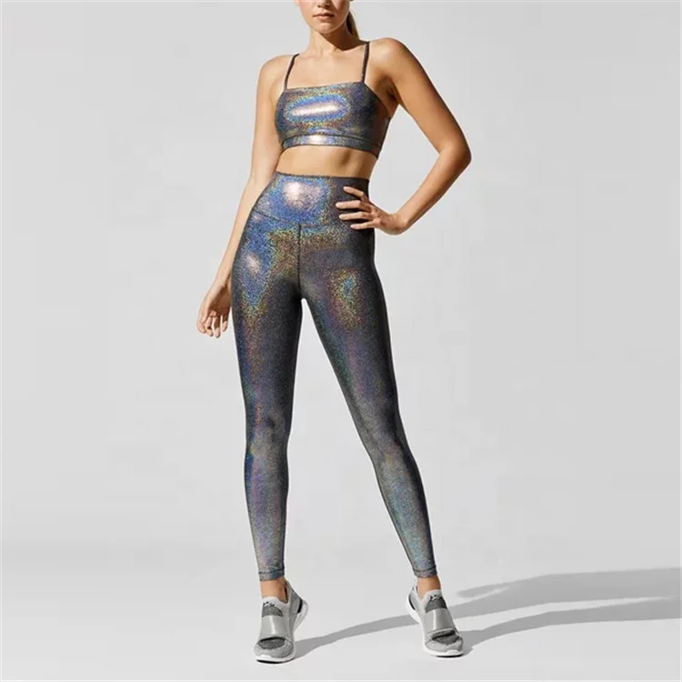
Custom Ladies Female Wholesale Athletic Active Sports Wear Shiny High Impact Sports Bra Padded Crop Top and Legging s Set 
