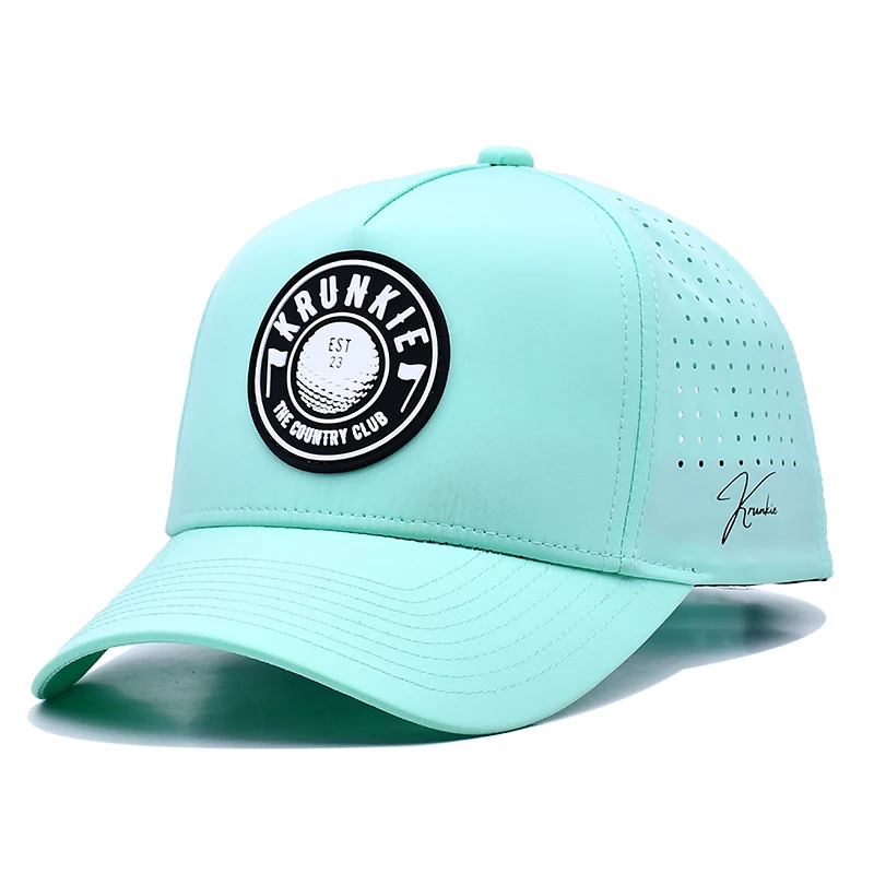 Wholesale Custom 5 Panel Rubber Pvc Logo Baseball Cap,Waterproof Laser Cut Hole Perforated Hat,Performance Sports Dad Hat