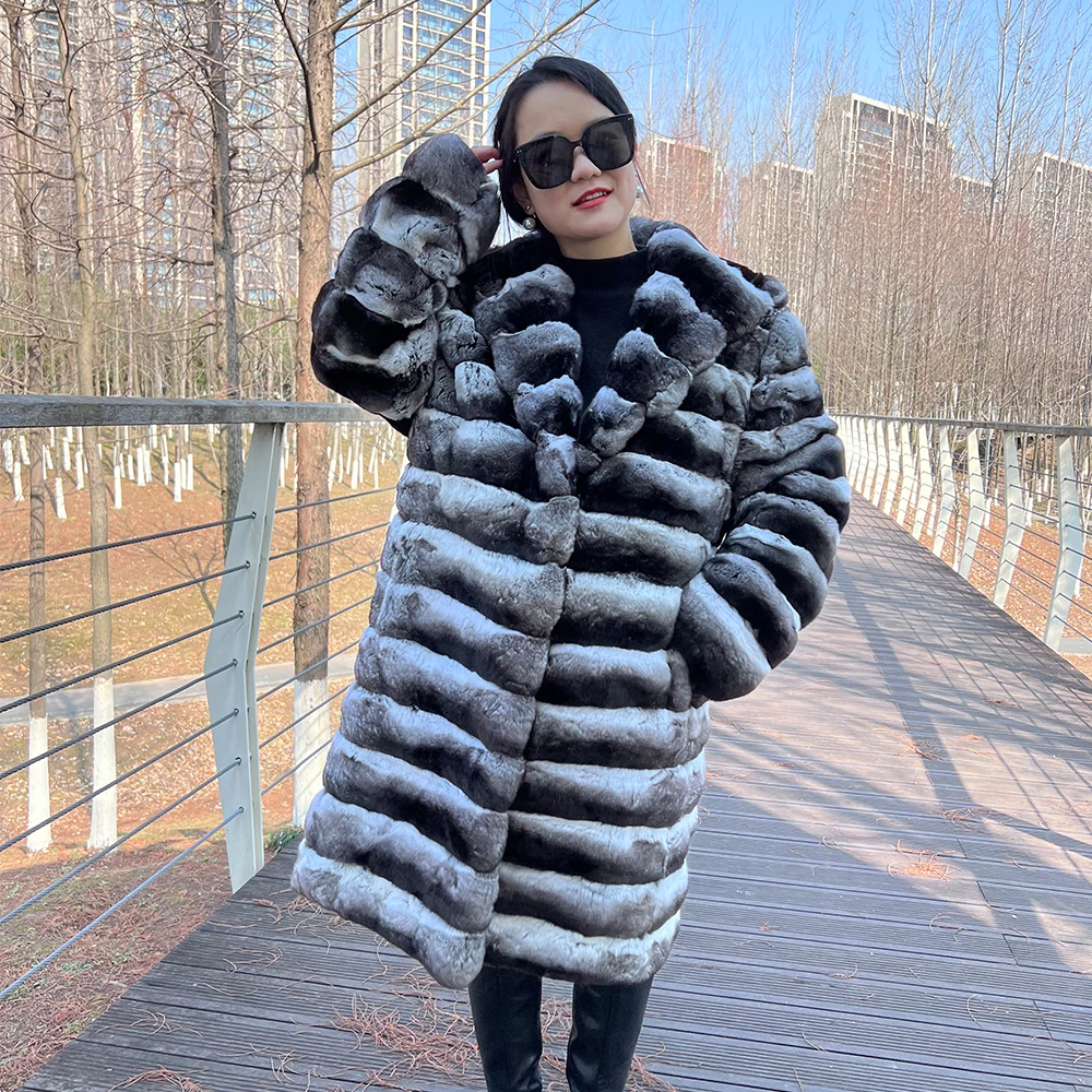 2023 women winter fashionable real chinchilla fur coat long style with mandarin chinchilla fur collar
