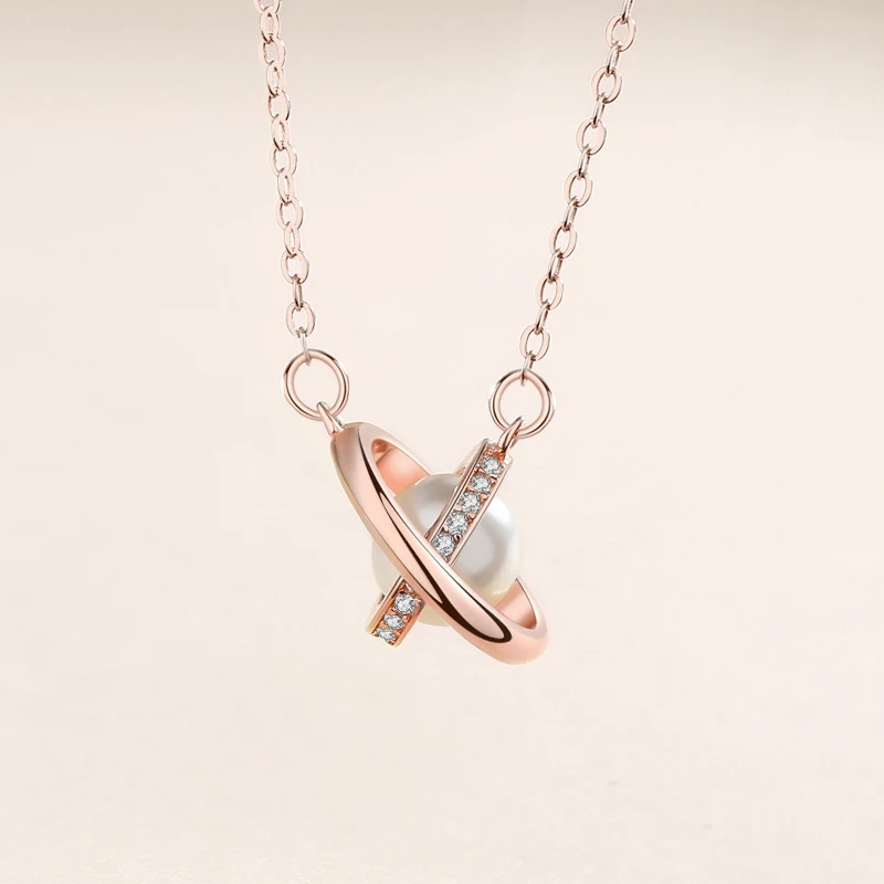 925 Sterling Silver Rotating Planet Zircon Necklace Shell Pearl Pendant Concentric Circle Clavicle Chain Necklace Jewelry