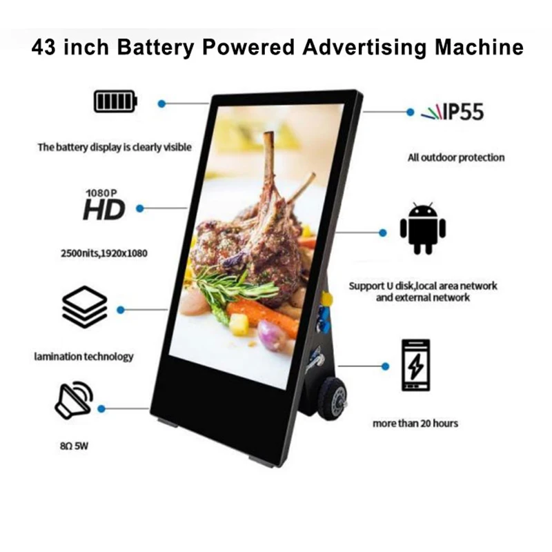 Battery Powered Vertical Screen LCD Digital Signage Floor Stand Movable Advertising Display