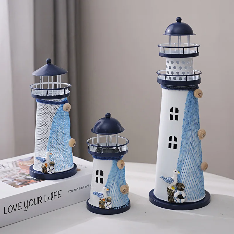 Mediterranean LED tin lighthouse 19cm electronic lights seven coloured lights candelabra home desktop ornaments