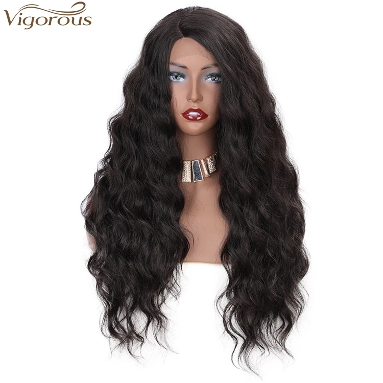 Vigorous Deep Wave Natural Black Wigs Part Side Synthetic Long Wavy Wigs Heat Resistant Fiber Synthetic Lace Front Wig