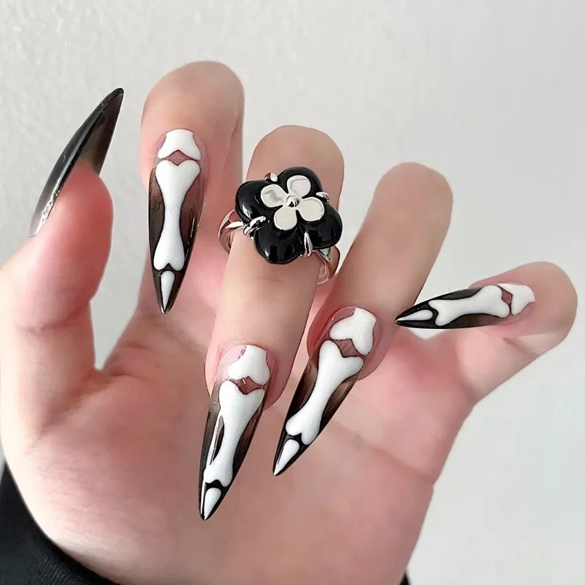 B66 Gothic Bone Designed Reusable Handmade False Nails long Custom Halloween Acrylic Press On Nails Artificial Nails for girls