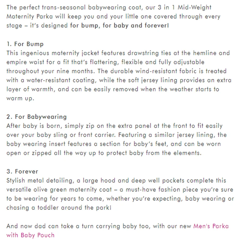 3 in 1 Mid-Weight Maternity Parka Winter Coats for Ladies Pregnant Women Jacket Coat