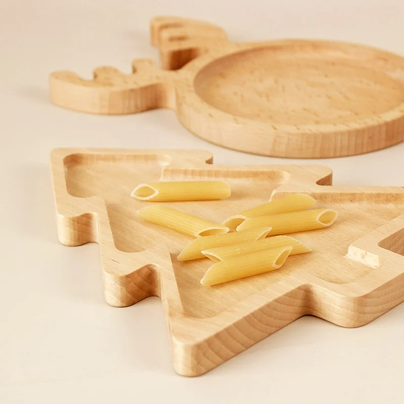 Natural Solid Wooden Snack Tray Christmas Trees and Reindeer Rudolph Plate Beech Wood Pallet For Kitchen