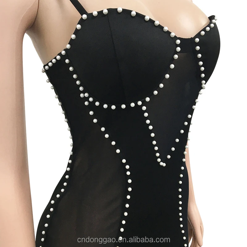 Wholesale Club Wear Skirt Transparent Luxury Dress Custom Summer Spaghetti Strap Mesh Rhinestone Dress