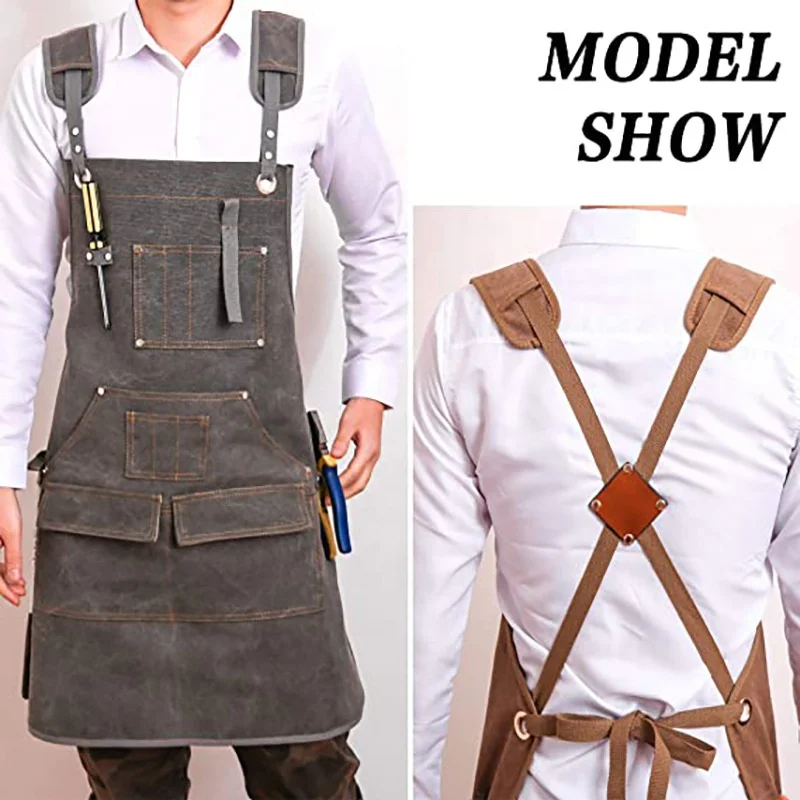 Custom logo bulk waterproof garden grilling heavy duty gray canvas garden work apron with tool pockets