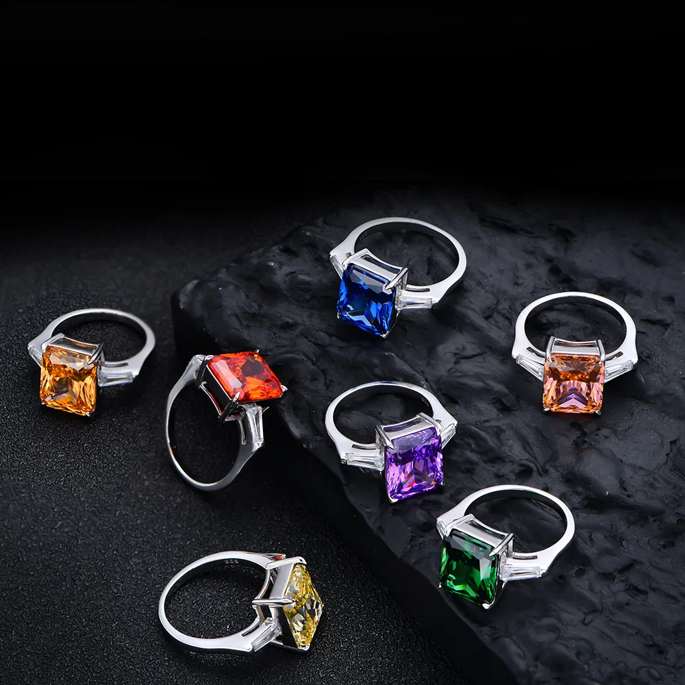 Trendy 925 Sterling Silver Wedding Rings Radiant Cut Diamond 10mm*12mm Royal Blue Emerald 5A Cubic Zirconia Fine Jewelry Rings