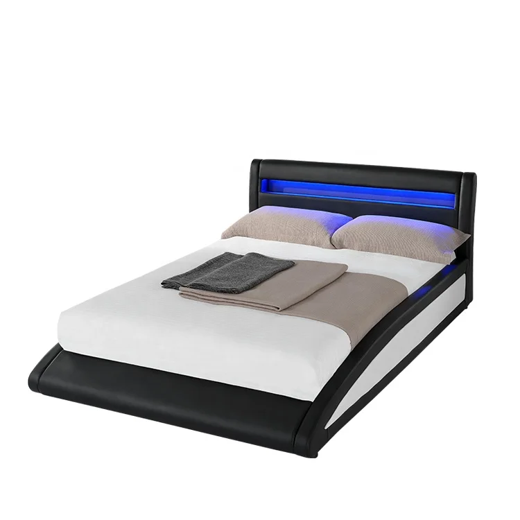 Willsoon Panel and Plywood Style Bedroom Furniture Curve Design LED Double Size Bed with PU Soft Leather Upholstery